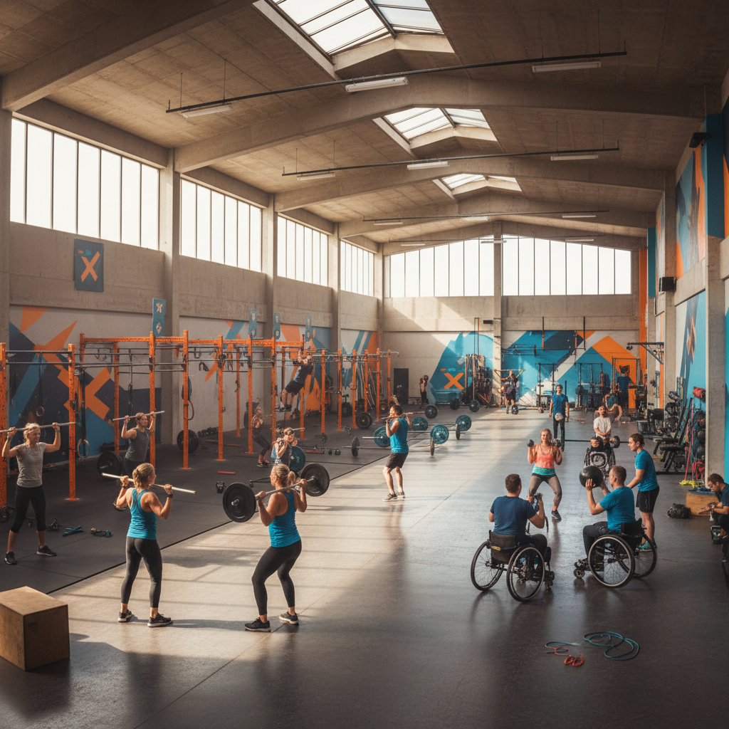 Geniş ve modern CrossFit tesisinde farklı seviyelerde antrenman yapan topluluk, profesyonel koçlar eşliğinde