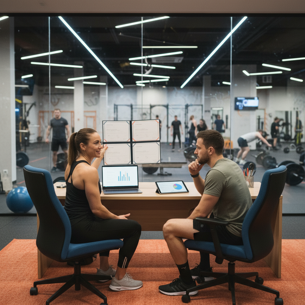 Sporcu potansiyel CrossFit antrenörüyle görüşüyor, sertifikalar ve deneyim hakkında konuşuluyor