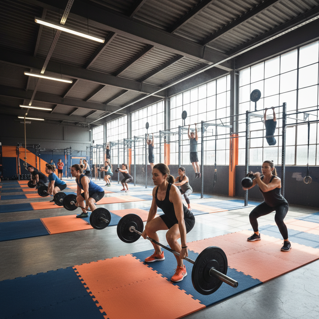 Modern CrossFit salonunda yoğun antrenman yapan çeşitli sporcular, doğal güneş ışığı ve enerji dolu atmosfer