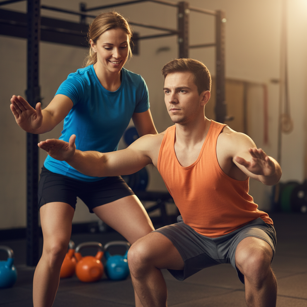 Sertifikalı CrossFit antrenörü yeni başlayan bir sporcuya doğru squat tekniğini gösteriyor