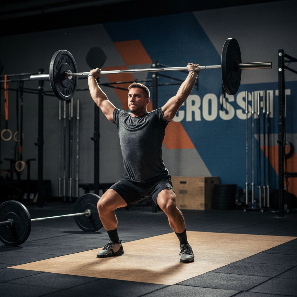 Geri dönen bir sporcu profesyonel CrossFit salonunda güçlü barbell hareketi gerçekleştiriyor