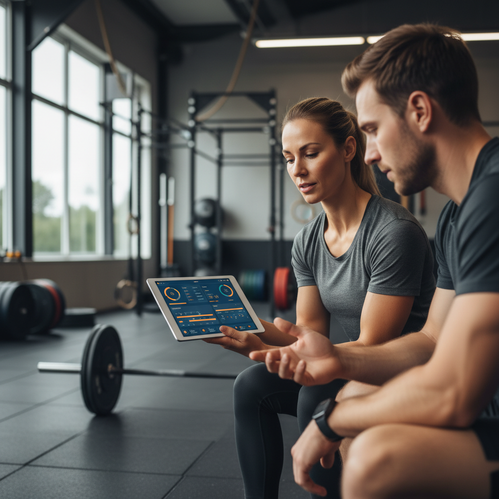 Antrenör, sporcuya tablet üzerinde kişiselleştirilmiş antrenman programını gösteriyor