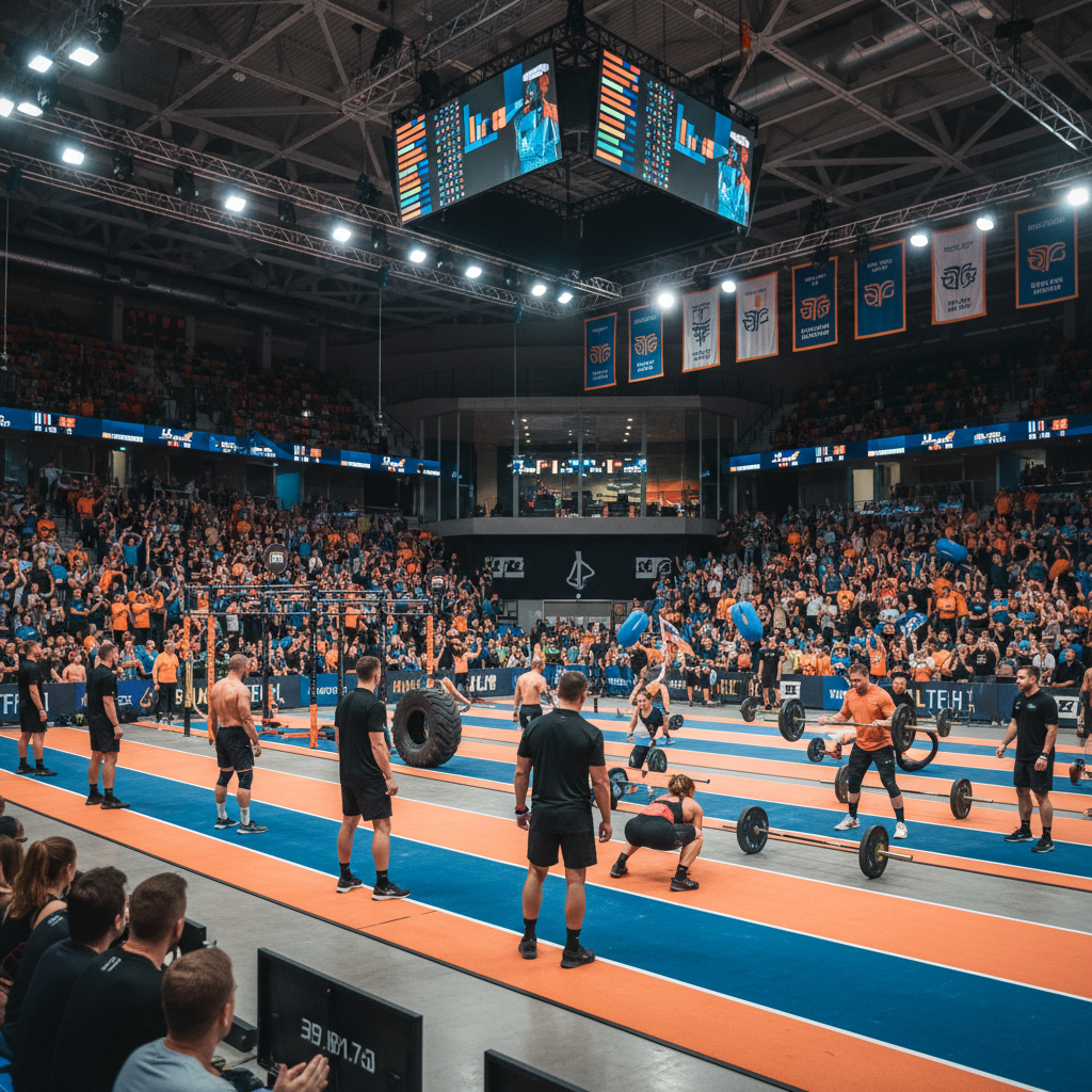 CrossFit yarışması etkinliği, sporcular yarışırken destekçiler ve hakemler izliyor